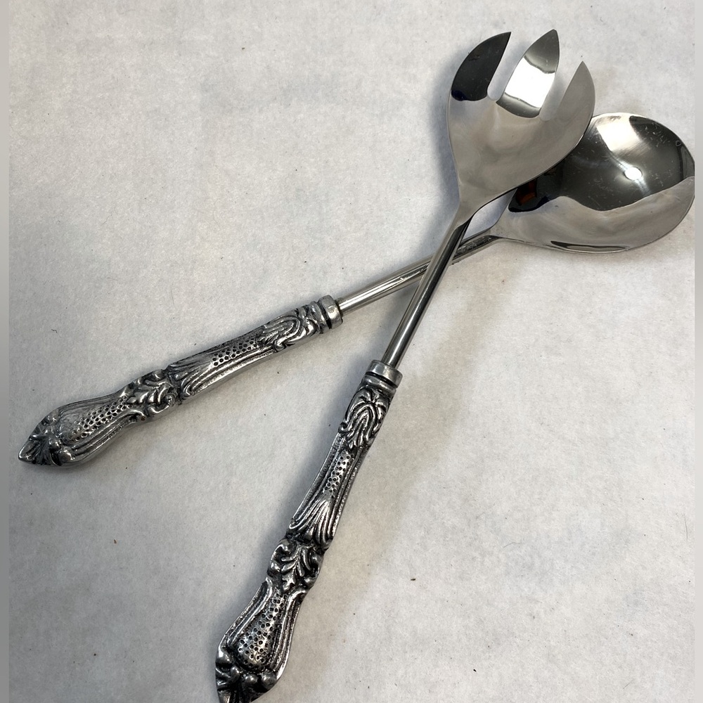 Vintage silver serving utensils salad tong set spoon fork 12” party hostess